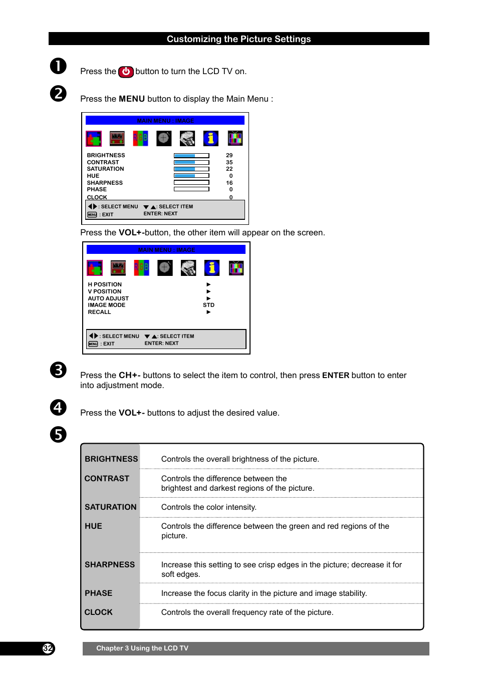 Customizing the picture settings, Customizing the audio settings, Customizing the caption settings | Emprex HD-3701 User Manual | Page 33 / 52