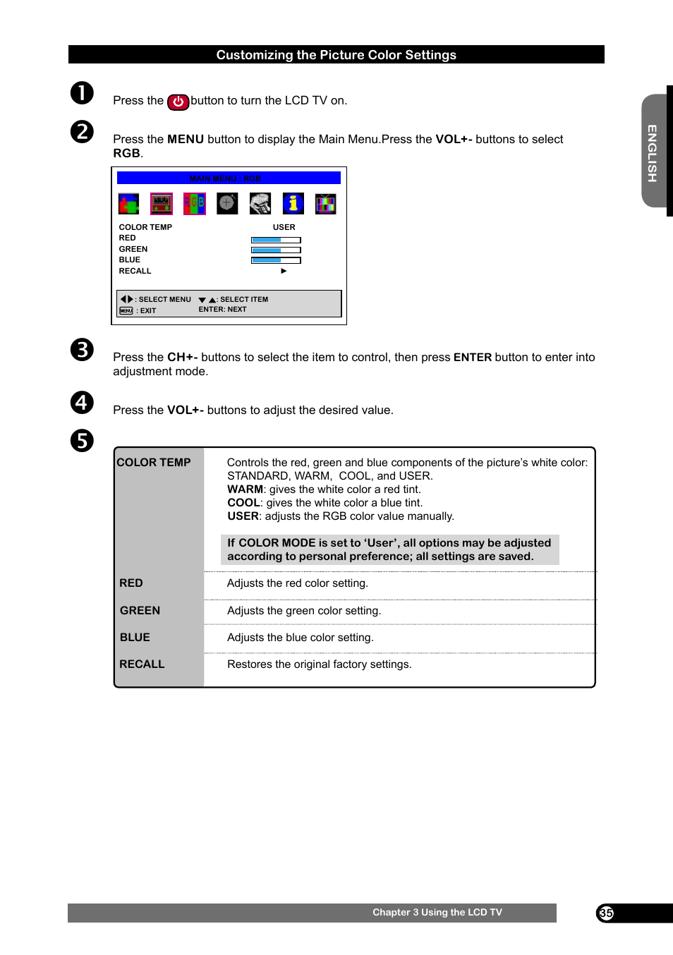 Customizing the picture color settings | Emprex HD-3701 User Manual | Page 36 / 52