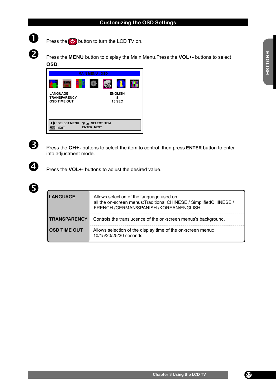 Customizing the display settings, Customizing the osd settings, G the pip/pop/digest settings | G the v-chip settings (for u.s tv system only) | Emprex HD-3701 User Manual | Page 38 / 52