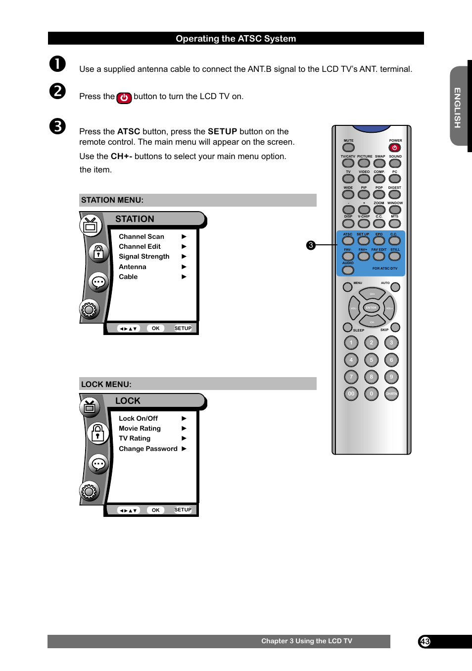 Operating the atsc system, Station, Lock | Press the button to turn the lcd tv on, English, Station menu: lock menu | Emprex HD-3701 User Manual | Page 44 / 52