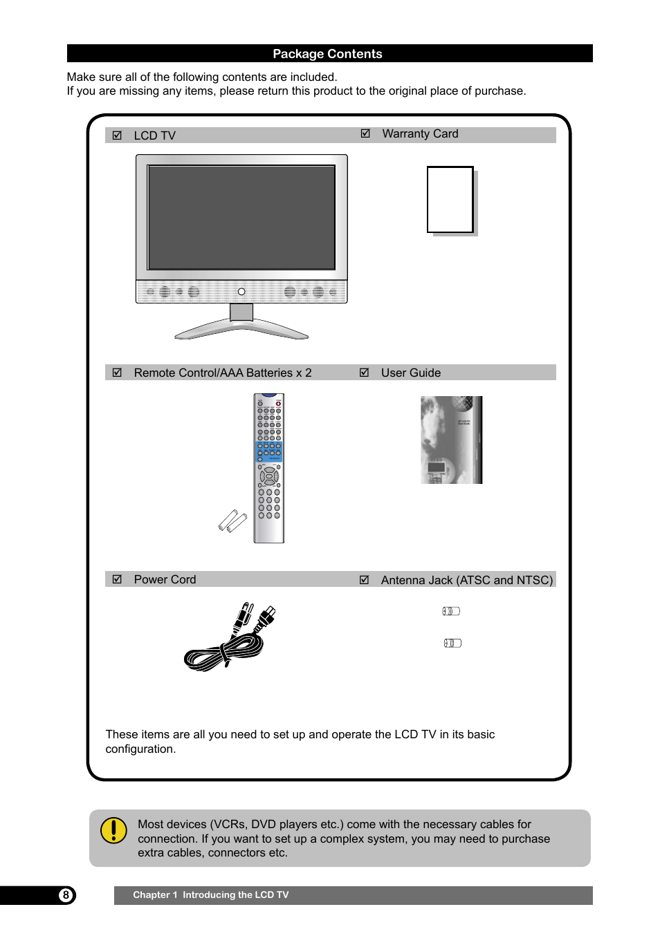 Package contents, Antenna jack (atsc and ntsc), Warranty card | Menu auto ch, Ch+ vol- vol+ enter, Chapter 1 introducing the lcd tv | Emprex HD-3701 User Manual | Page 9 / 52