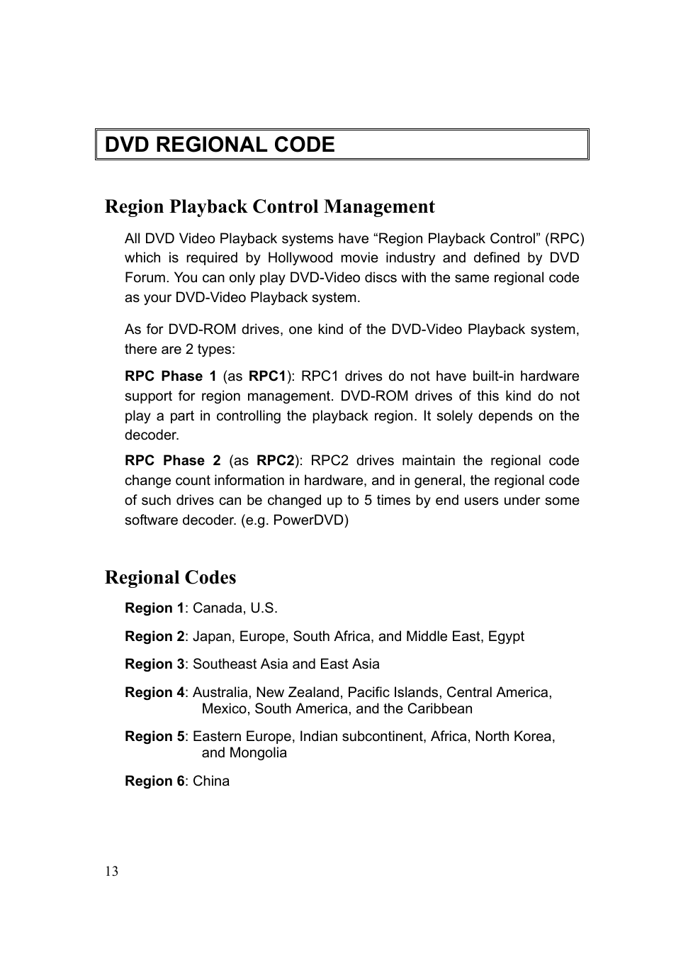 Dvd regional code, Region playback control management, Regional codes | Emprex Network Device DVDRW-2016SA User Manual | Page 13 / 19