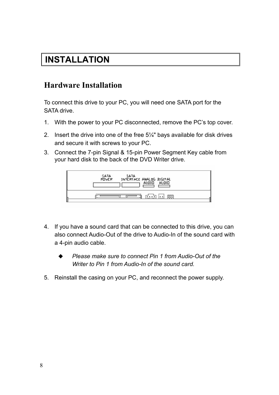 Installation, Hardware installation | Emprex Network Device DVDRW-2016SA User Manual | Page 8 / 19