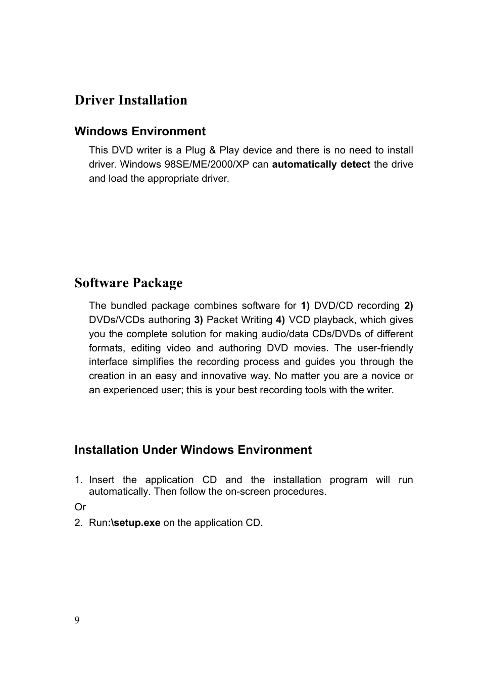 Driver installation, Software package | Emprex Network Device DVDRW-2016SA User Manual | Page 9 / 19