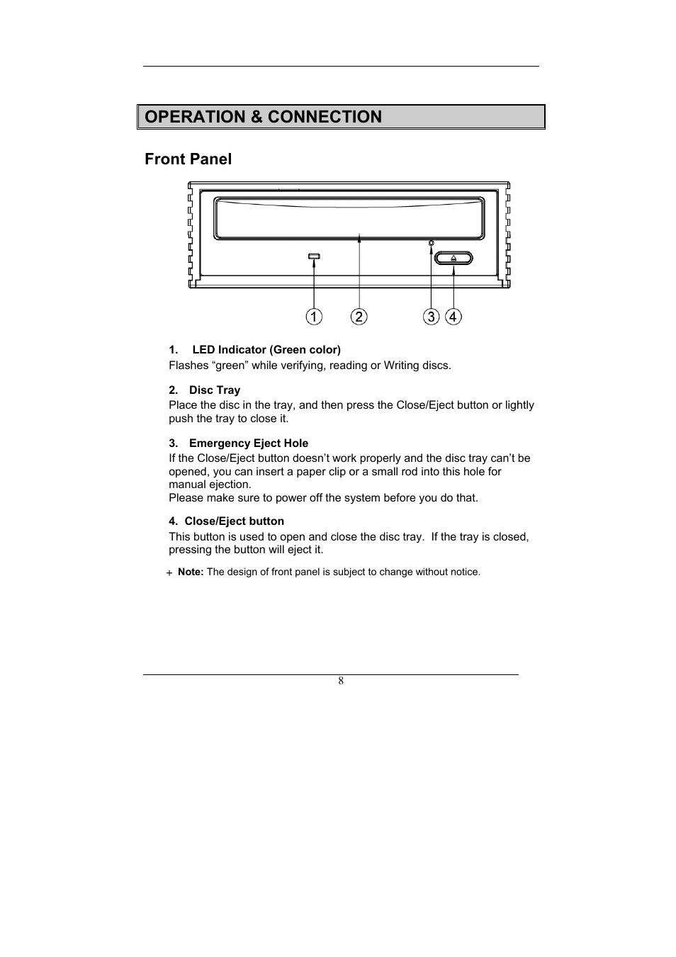 Operation & connection, Front panel | Emprex Network Device DVDRW 2016UI User Manual | Page 12 / 18