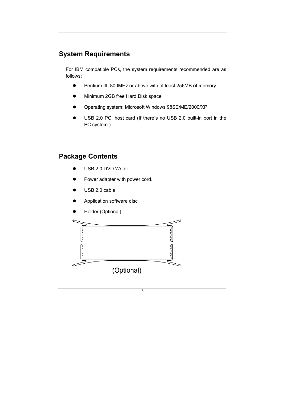 System requirements, Package contents | Emprex Network Device DVDRW 2016UI User Manual | Page 7 / 18