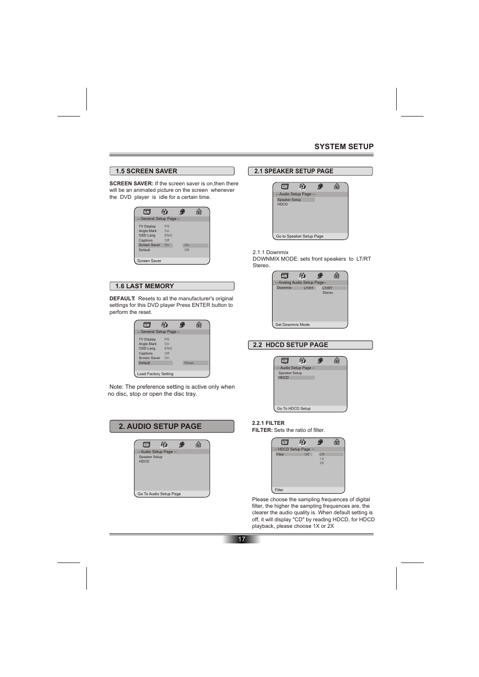 Т³гж 19, System setup, Audio setup page | 1 speaker setup page, 2 hdcd setup page | Emprex PD-7201 User Manual | Page 19 / 25