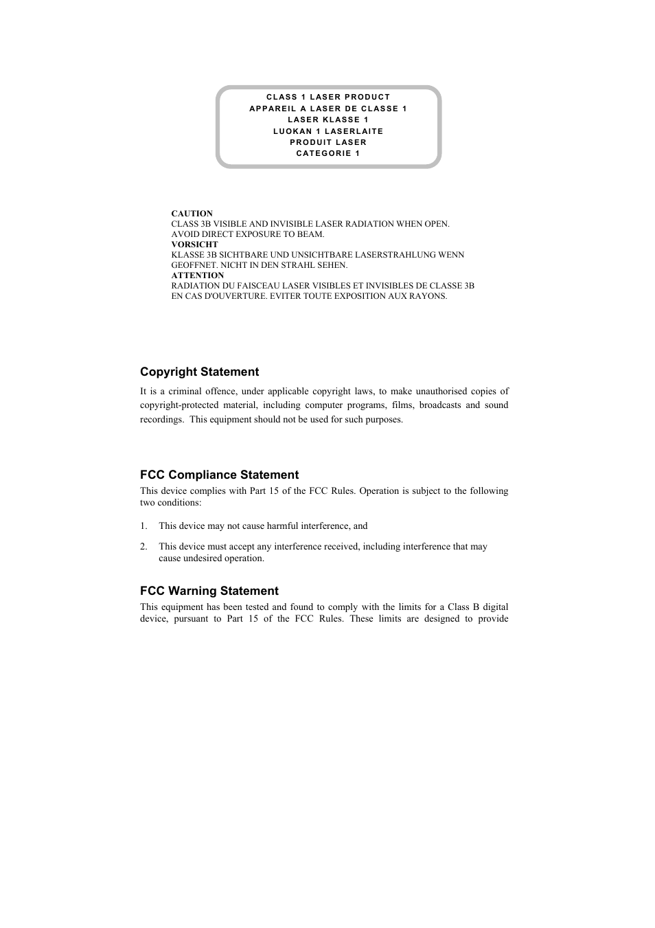 Copyright statement, Fcc compliance statement, Fcc warning statement | Emprex 16X DVD Writer USB 2.0 User Manual | Page 2 / 20