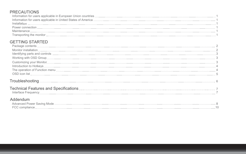 Precautions, Getting started, Troubleshooting | Technical features and specifications, Addendum | Emprex 15"wideLCD Monitor none User Manual | Page 2 / 12