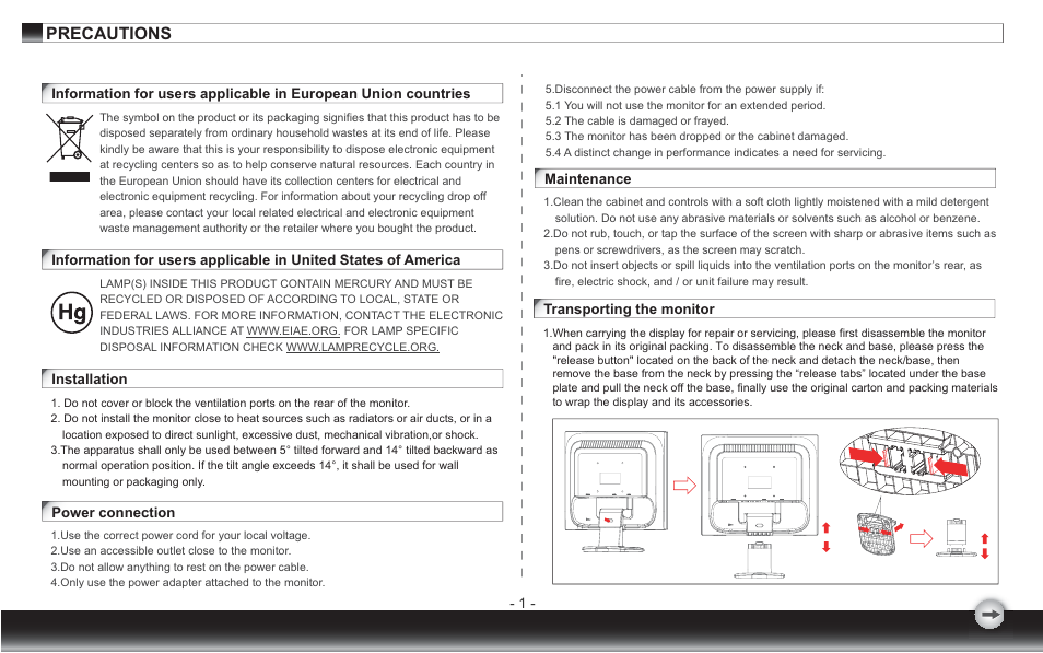 Precautions | Emprex 15"wideLCD Monitor none User Manual | Page 3 / 12