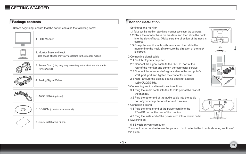 Getting started, Monitor installation package contents | Emprex 15"wideLCD Monitor none User Manual | Page 4 / 12