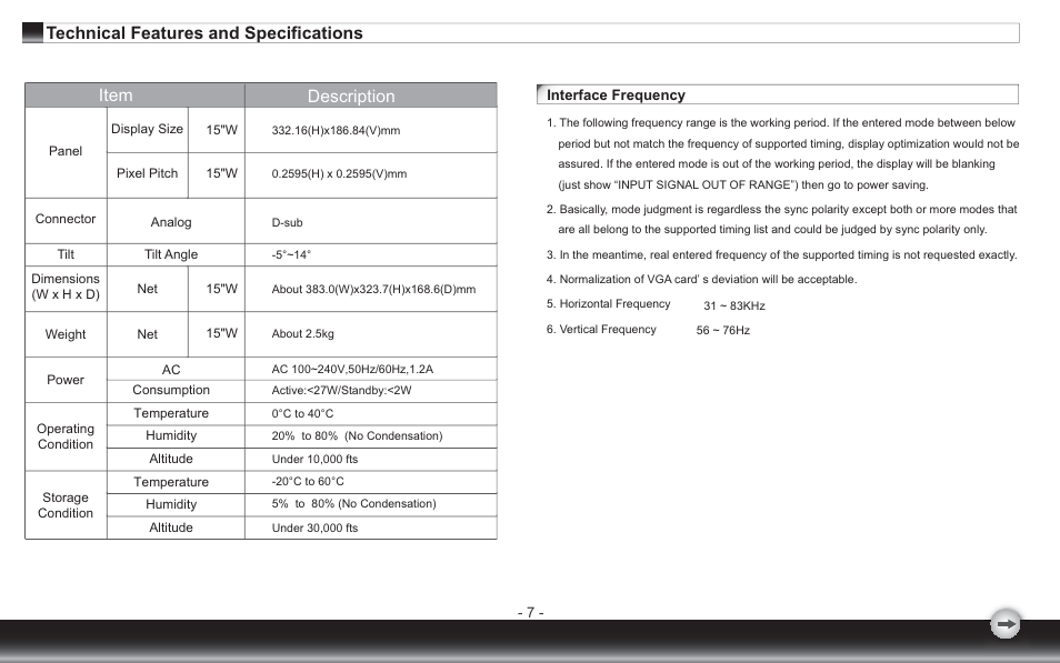 Technical features and specifications, Item description | Emprex 15"wideLCD Monitor none User Manual | Page 9 / 12