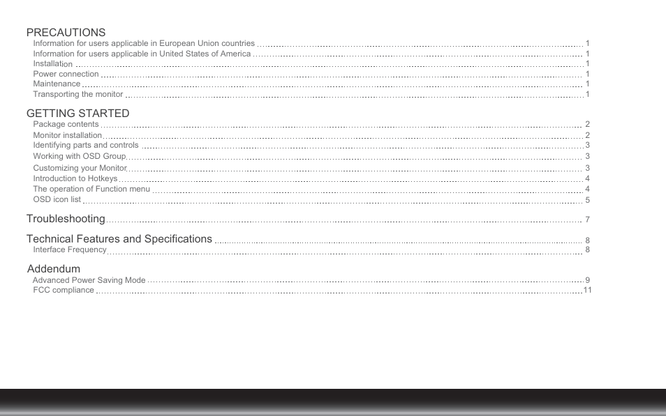 Precautions, Getting started, Troubleshooting | Technical features and specifications, Addendum | Emprex LM2203 User Manual | Page 2 / 14