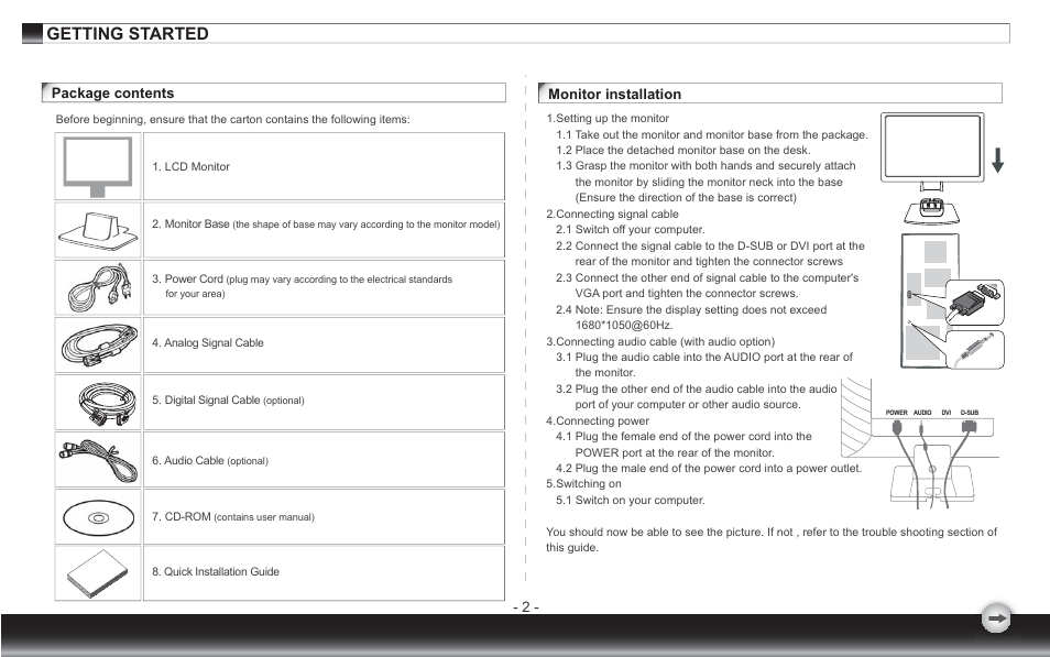 Getting started, Monitor installation package contents | Emprex LM2203 User Manual | Page 5 / 14
