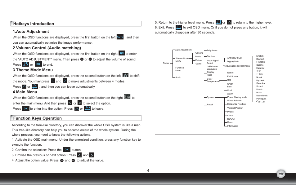 4 - hotkeys introduction 1.auto adjustment, Volumn control (audio matching), Theme mode menu | Main menu, Function keys operation | Emprex LM2203 User Manual | Page 7 / 14