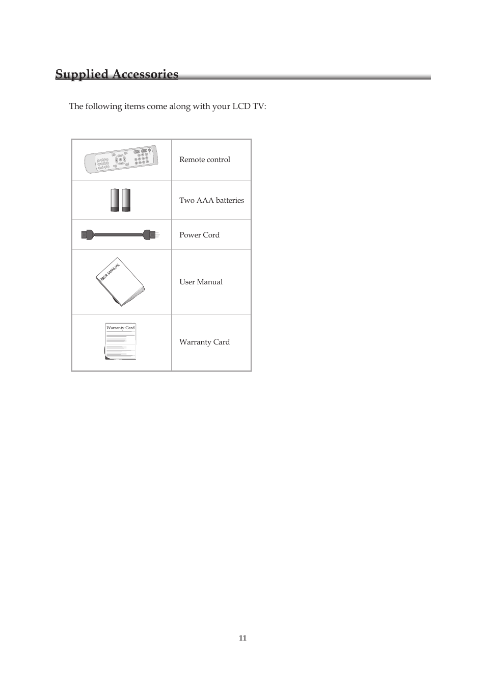 Supplied accessories, The following items come along with your lcd tv | Emprex HD-3701P User Manual | Page 12 / 71