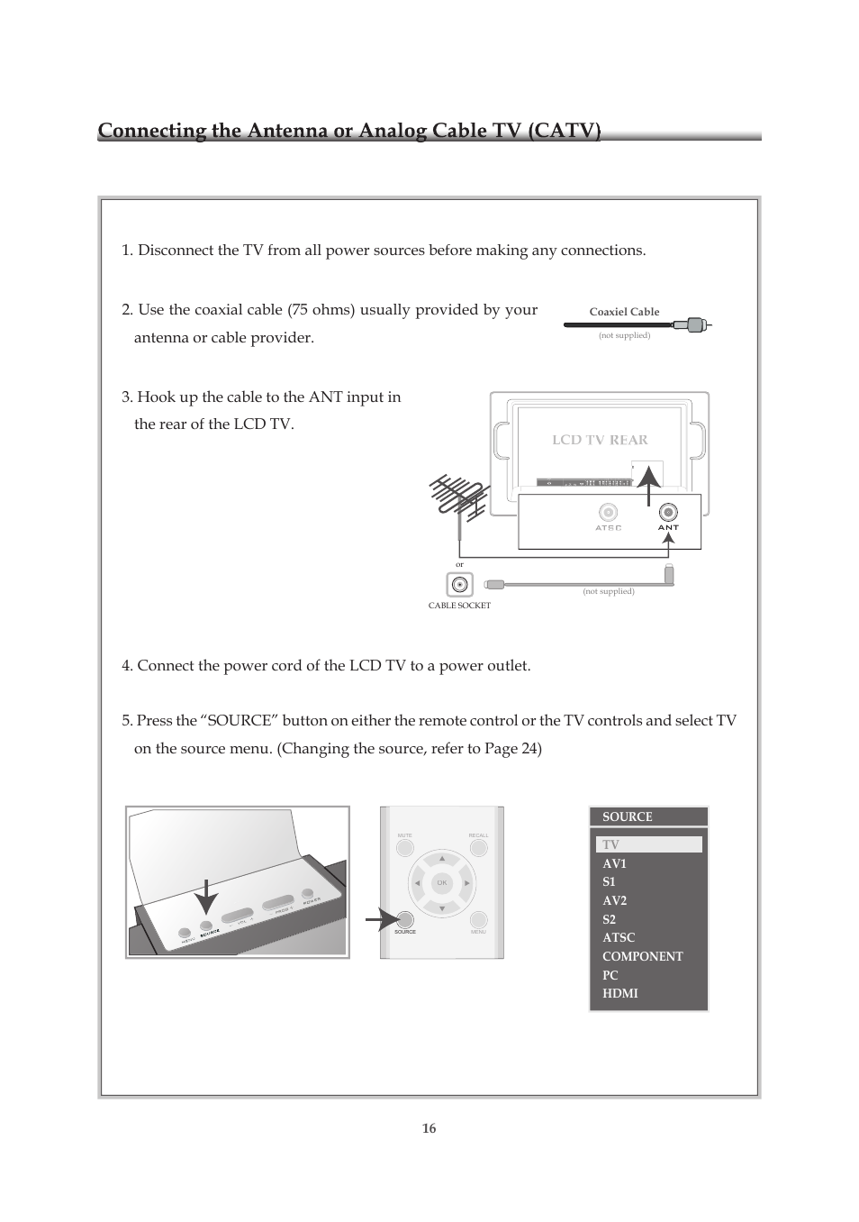 Connecting the antenna or analog cable tv (catv) | Emprex HD-3701P User Manual | Page 17 / 71