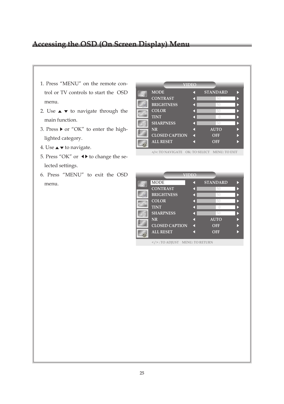 Accessing the osd (on screen display) menu | Emprex HD-3701P User Manual | Page 26 / 71