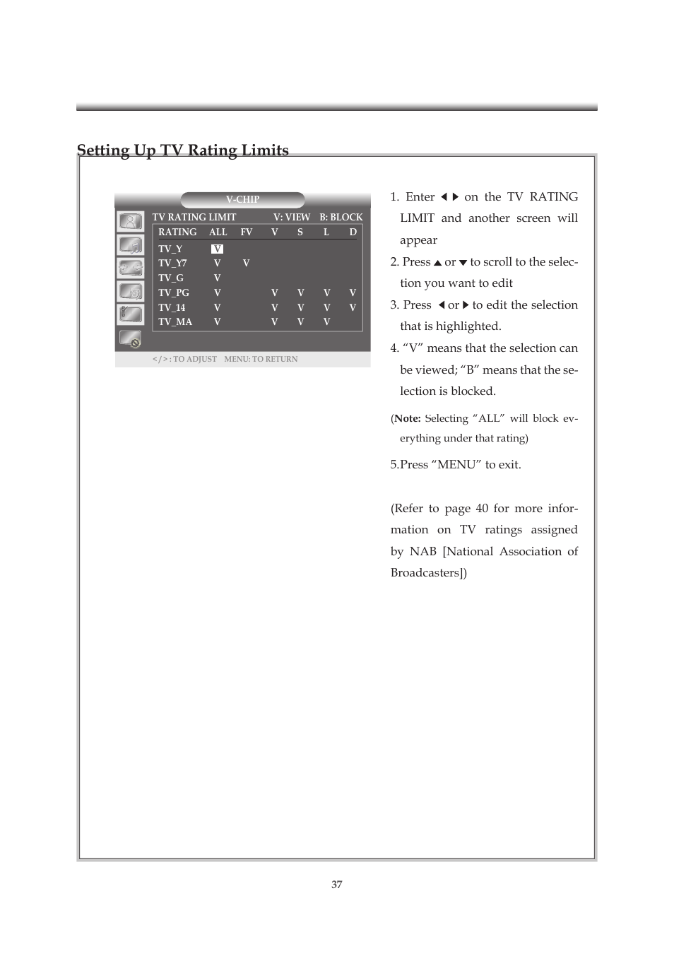 Setting up tv rating limits | Emprex HD-3701P User Manual | Page 38 / 71