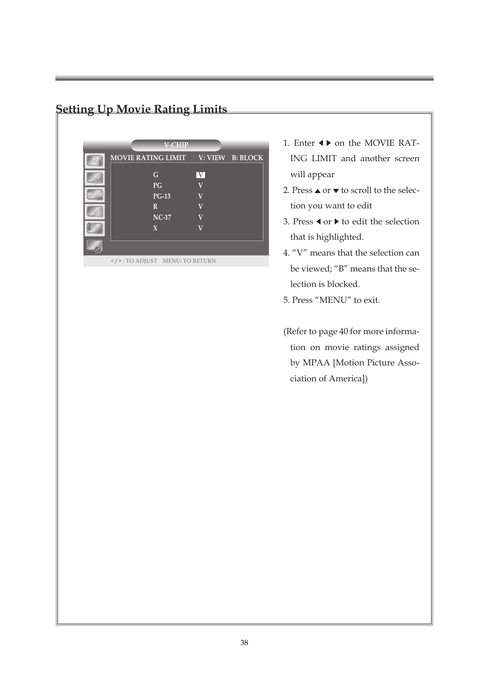 Setting up movie rating limits | Emprex HD-3701P User Manual | Page 39 / 71