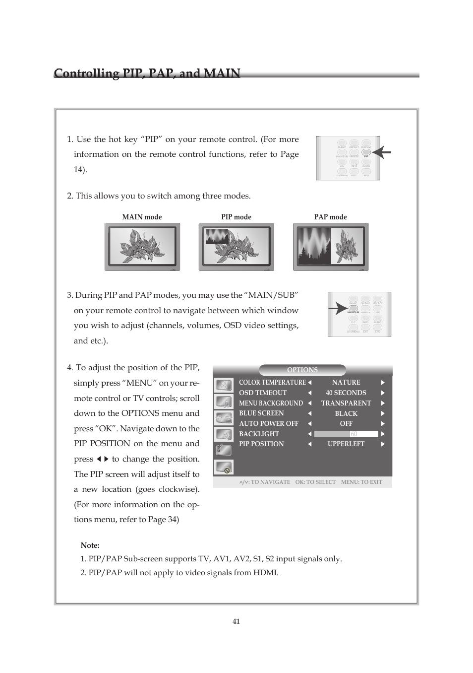 Controlling pip, pap, and main, Pip mode pap mode main mode | Emprex HD-3701P User Manual | Page 42 / 71