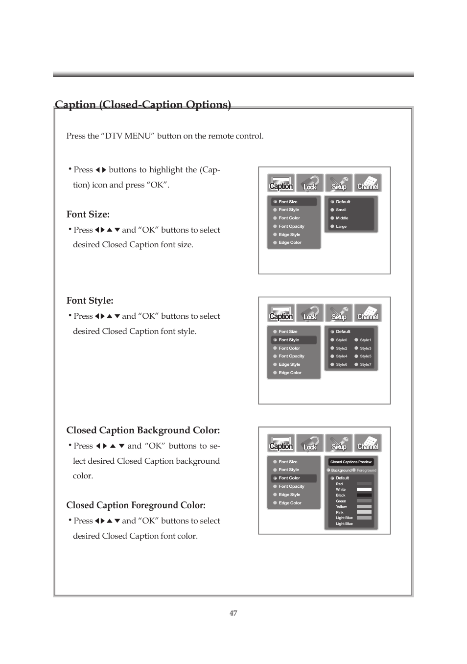 Font size, Font style, Closed caption background color | Closed caption foreground color, Caption | Emprex HD-3701P User Manual | Page 48 / 71