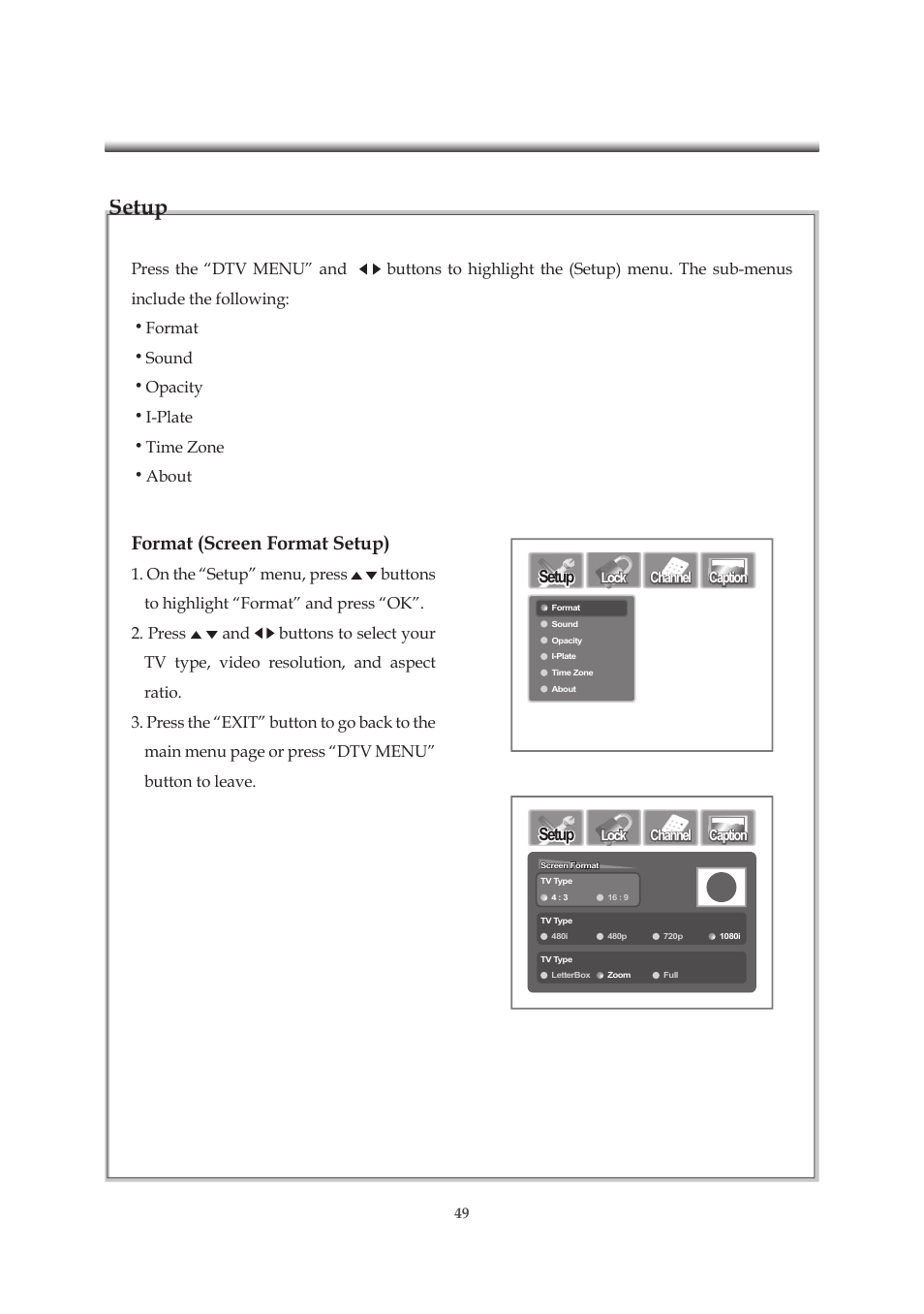 Setup, Format (screen format setup) | Emprex HD-3701P User Manual | Page 50 / 71