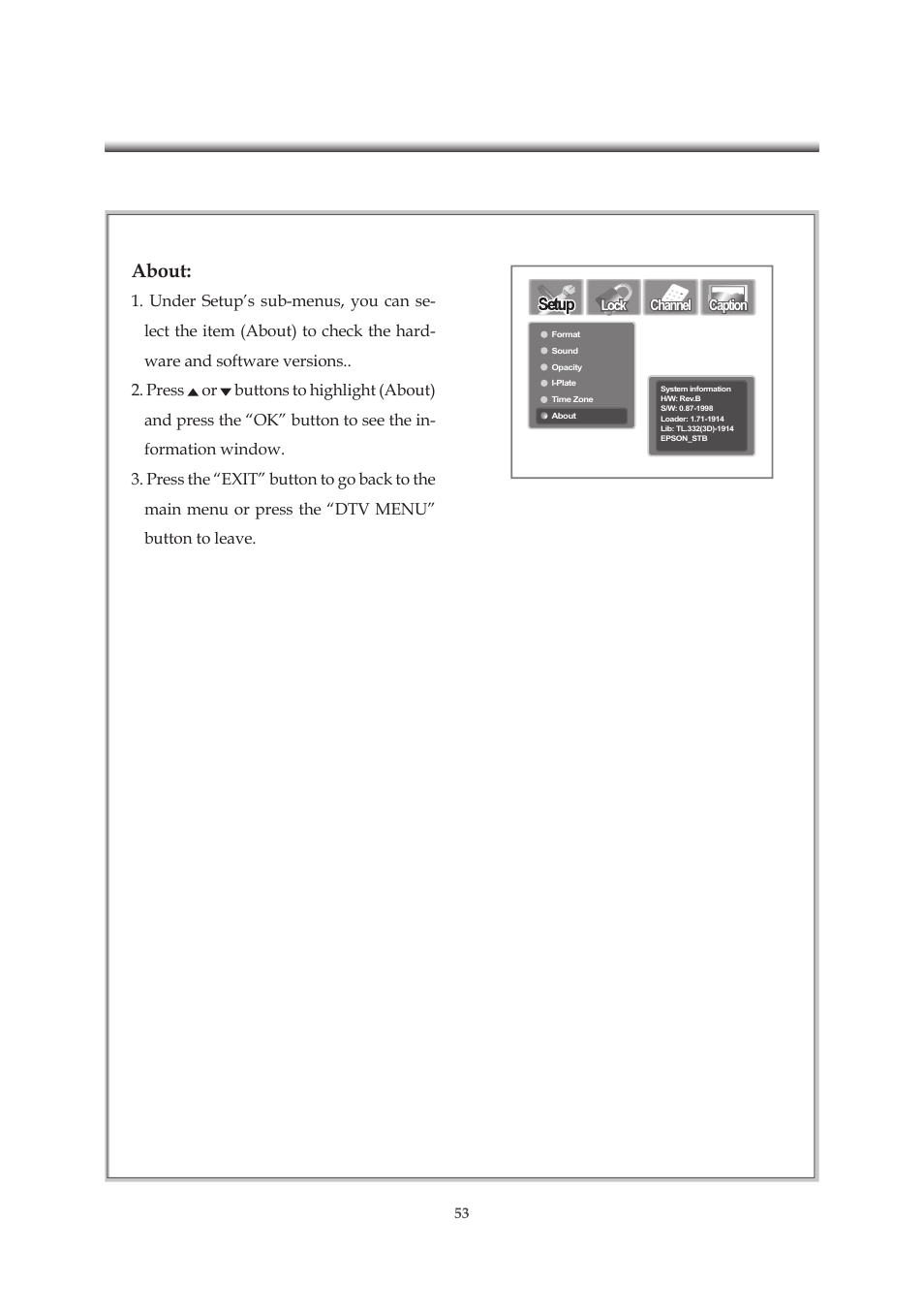 About, Setup | Emprex HD-3701P User Manual | Page 54 / 71