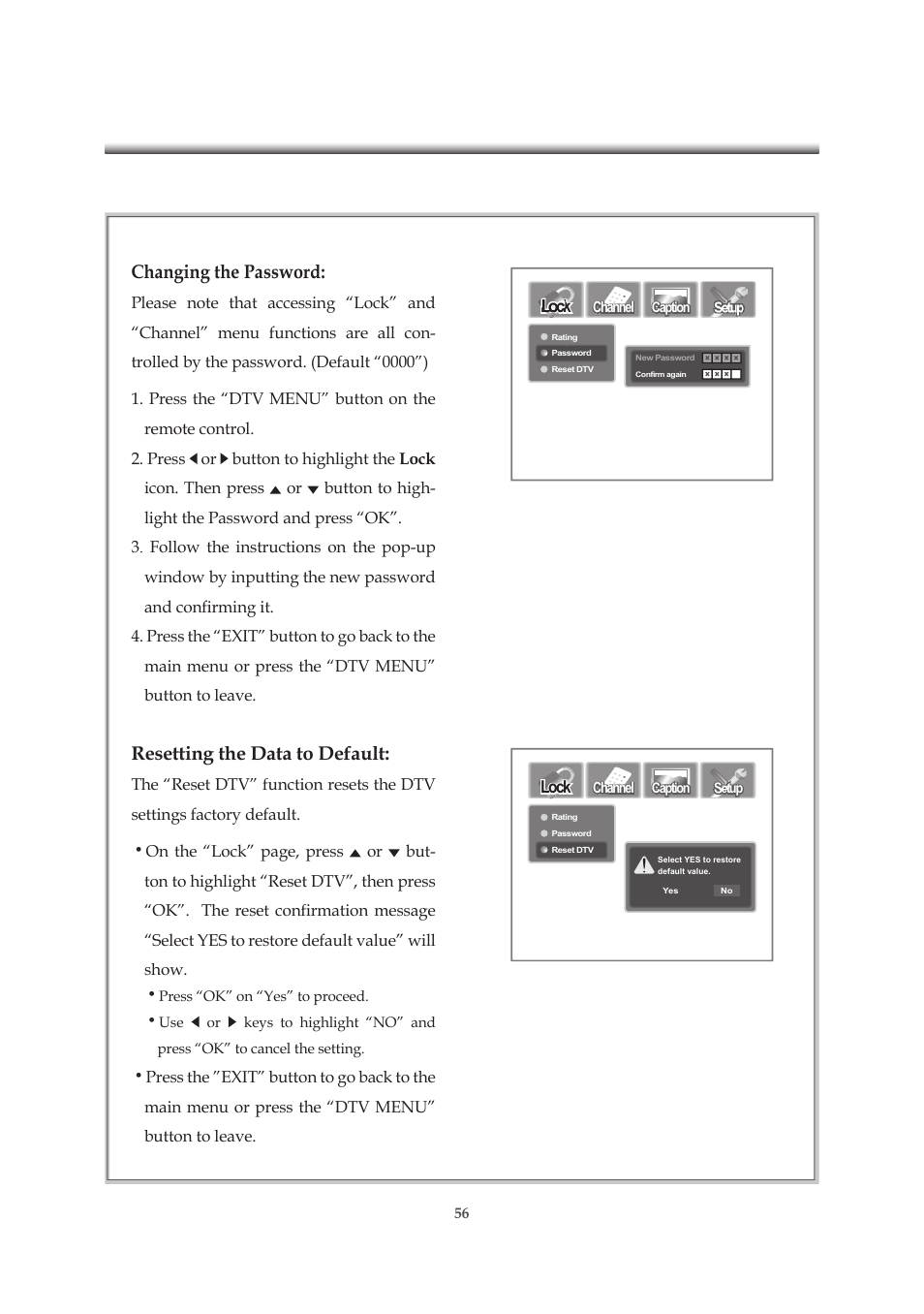 Changing the password, Resetting the data to default | Emprex HD-3701P User Manual | Page 57 / 71