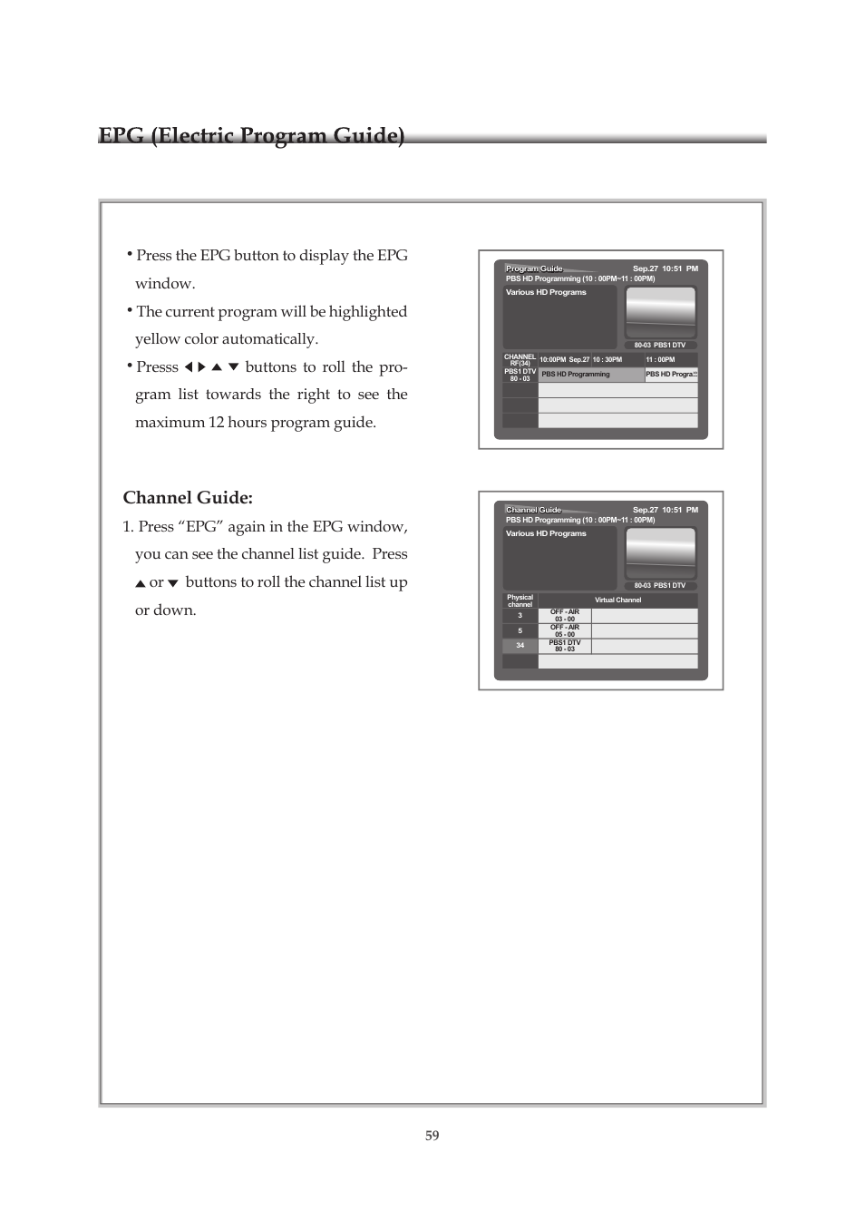 Epg (electric program guide), Channel guide, Press the epg button to display the epg window | Emprex HD-3701P User Manual | Page 60 / 71