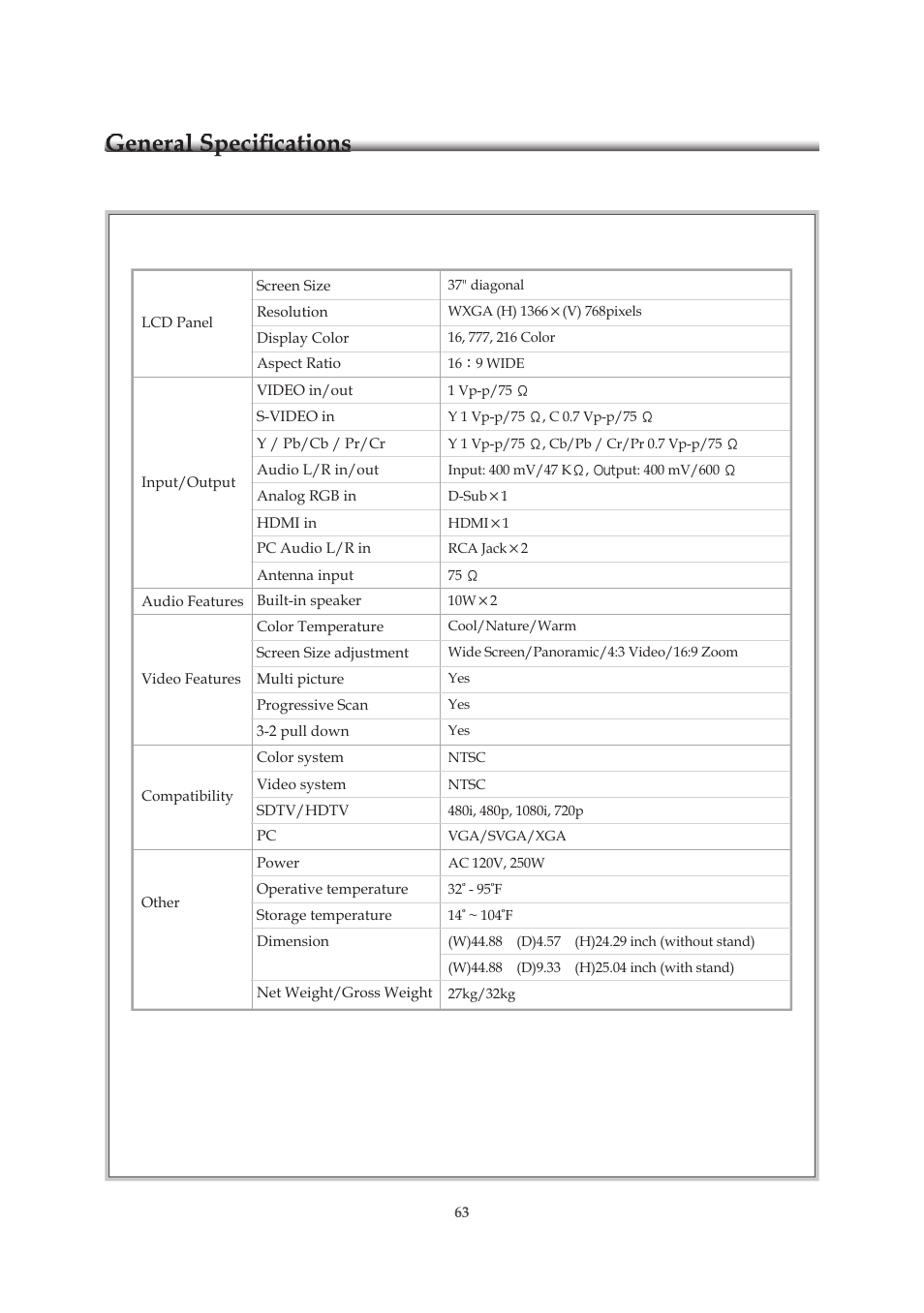 General speciﬁ cations | Emprex HD-3701P User Manual | Page 64 / 71