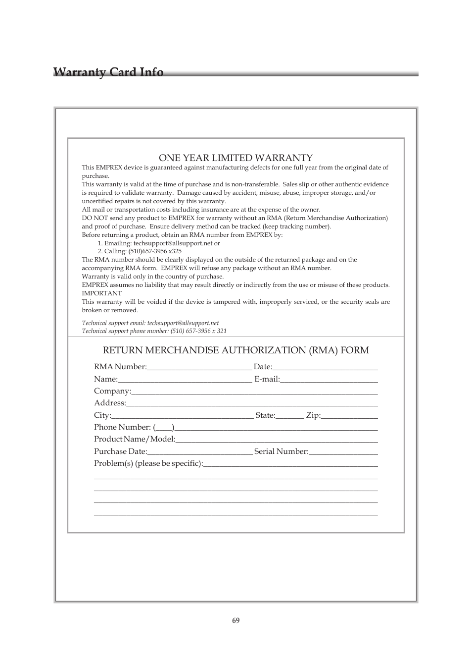 Warranty card info, One year limited warranty, Return merchandise authorization (rma) form | Emprex HD-3701P User Manual | Page 70 / 71