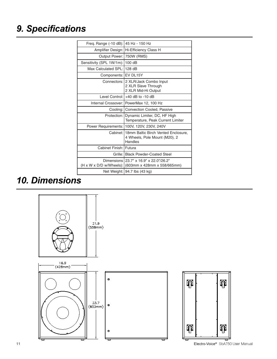 Specifications, Dimensions | Electro-Voice SBA750 User Manual | Page 14 / 16