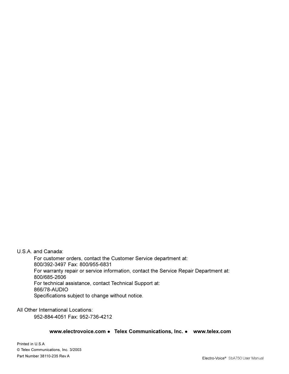 Electro-Voice SBA750 User Manual | Page 16 / 16