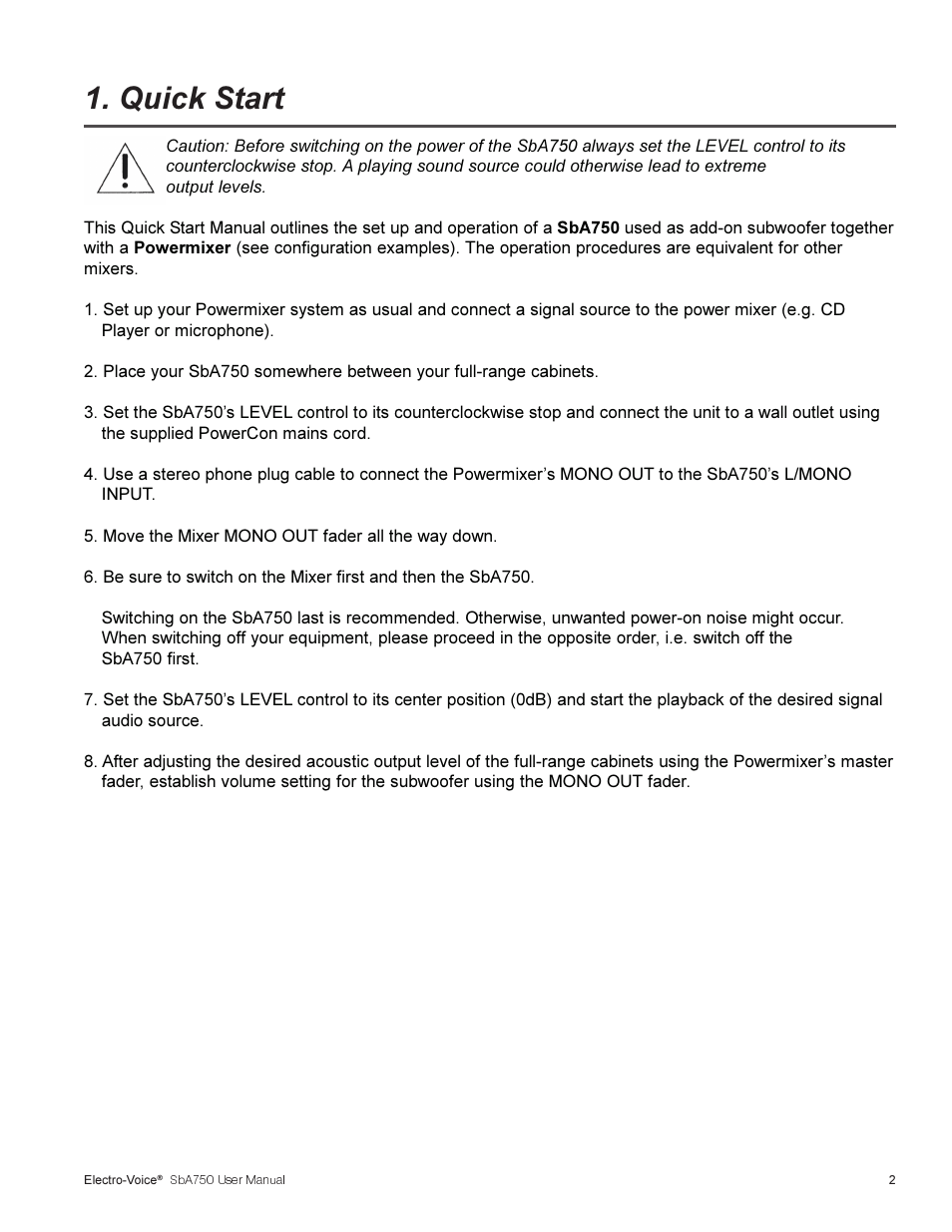 Quick start | Electro-Voice SBA750 User Manual | Page 5 / 16