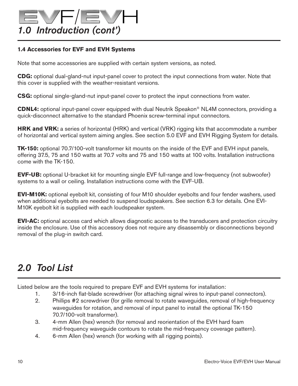 0 tool list, 0 introduction (cont’) | Electro-Voice EVF/EVH EVF-1151S User Manual | Page 10 / 56