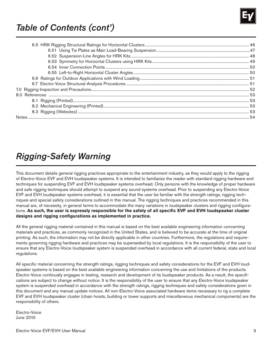 Rigging-safety warning, Table of contents (cont’) | Electro-Voice EVF/EVH EVF-1151S User Manual | Page 3 / 56