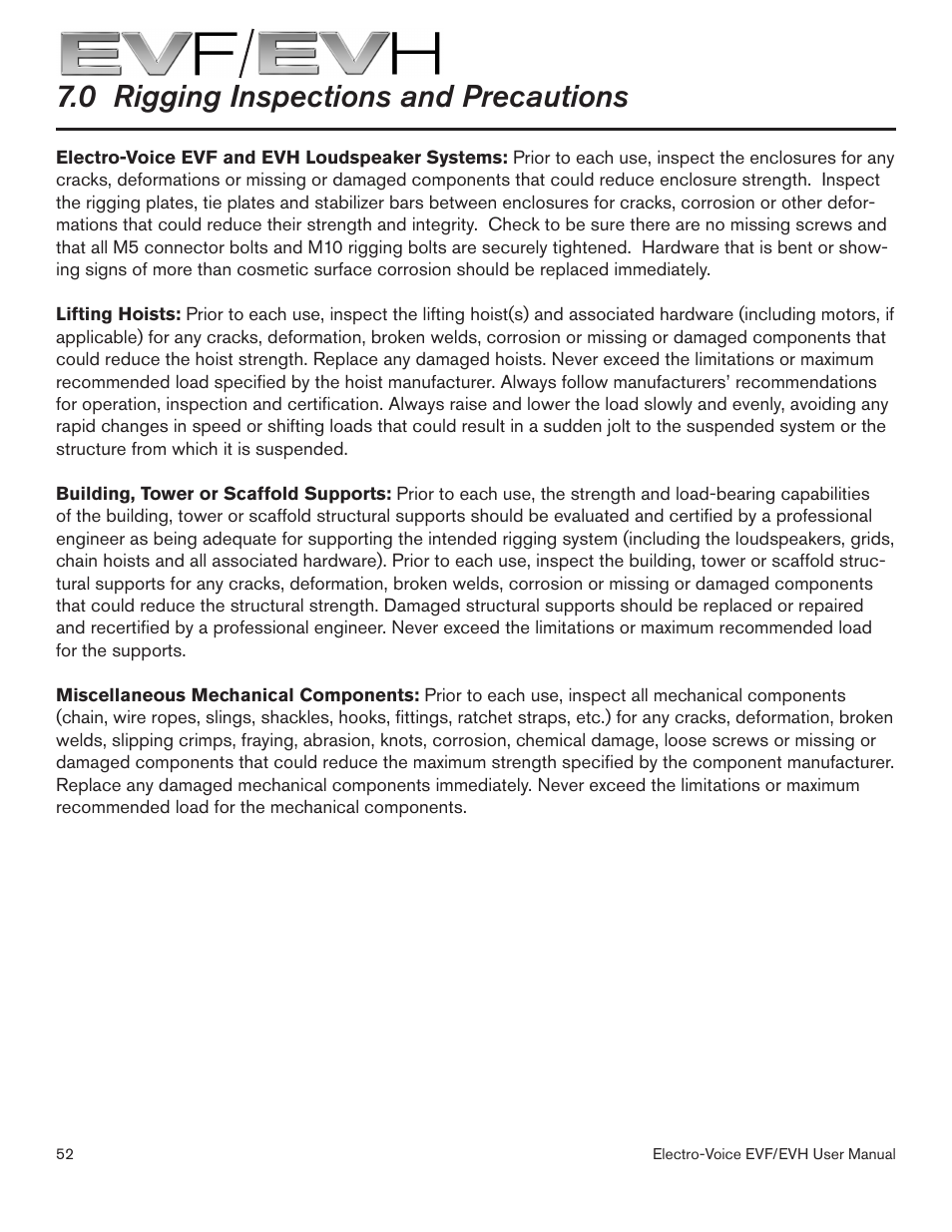 0 rigging inspections and precautions | Electro-Voice EVF/EVH EVF-1151S User Manual | Page 52 / 56