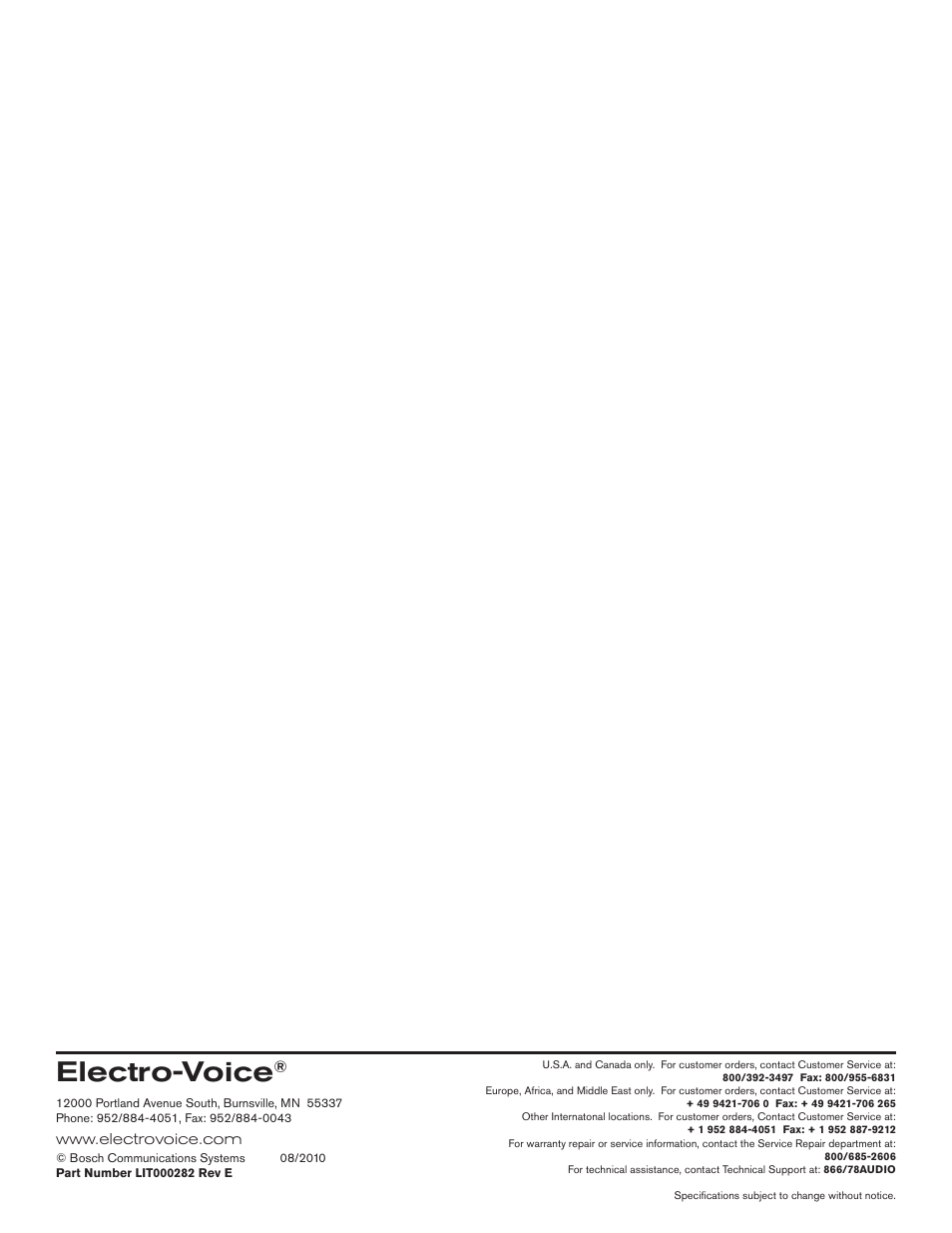 Electro-voice | Electro-Voice EVF/EVH EVF-1151S User Manual | Page 56 / 56