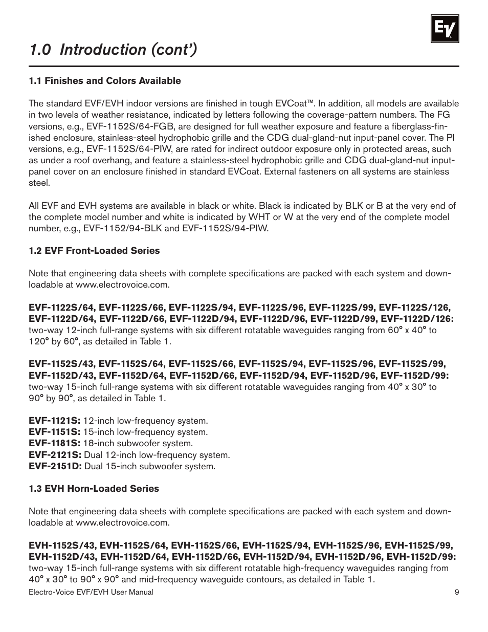 0 introduction (cont’) | Electro-Voice EVF/EVH EVF-1151S User Manual | Page 9 / 56