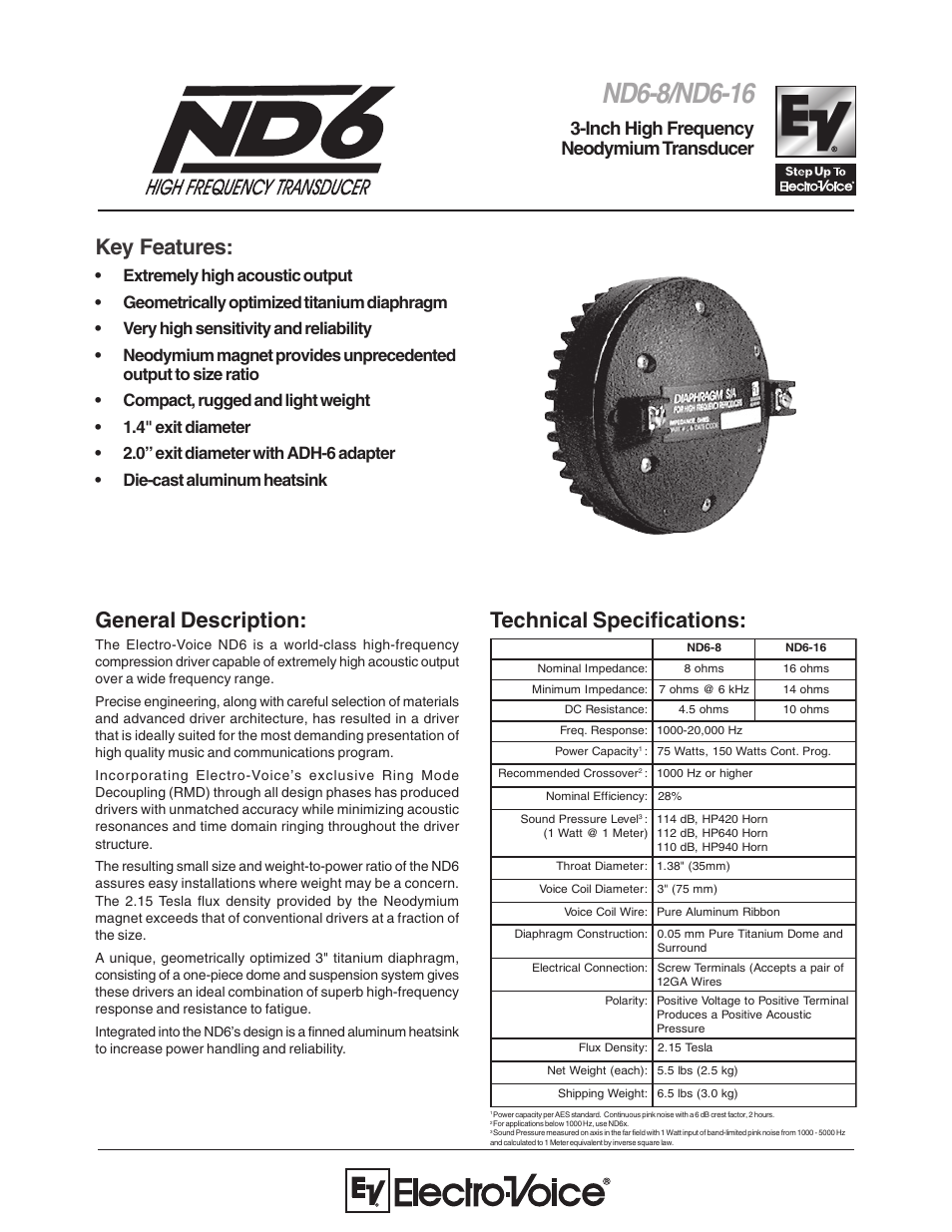 Electro-Voice 3-Inch High Frequency Neodymium Transducer ND6-16 User Manual | 2 pages