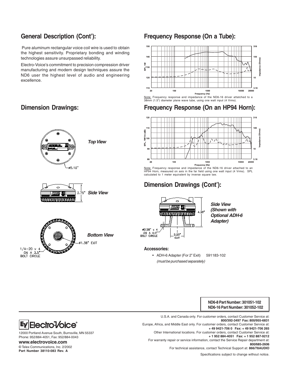 General description (cont’), Dimension drawings (cont’) | Electro-Voice 3-Inch High Frequency Neodymium Transducer ND6-16 User Manual | Page 2 / 2