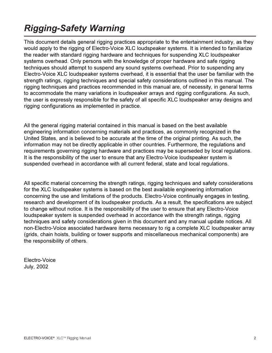 Rigging-safety warning | Electro-Voice XLC User Manual | Page 3 / 32