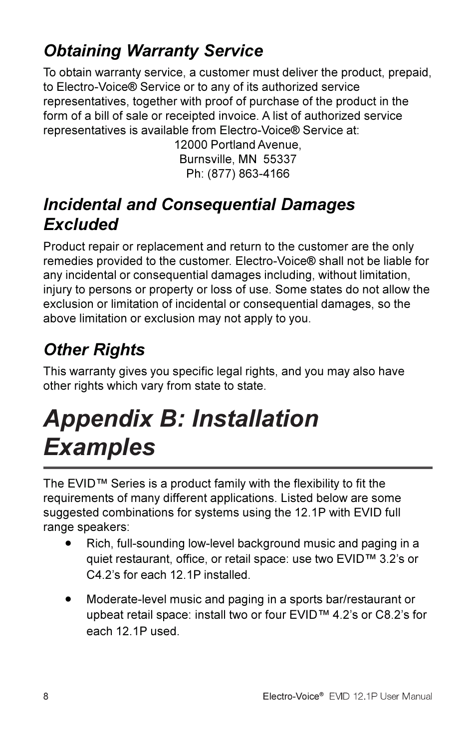 Appendix b: installation examples, Obtaining warranty service, Incidental and consequential damages excluded | Other rights | Electro-Voice 2.1P User Manual | Page 10 / 16