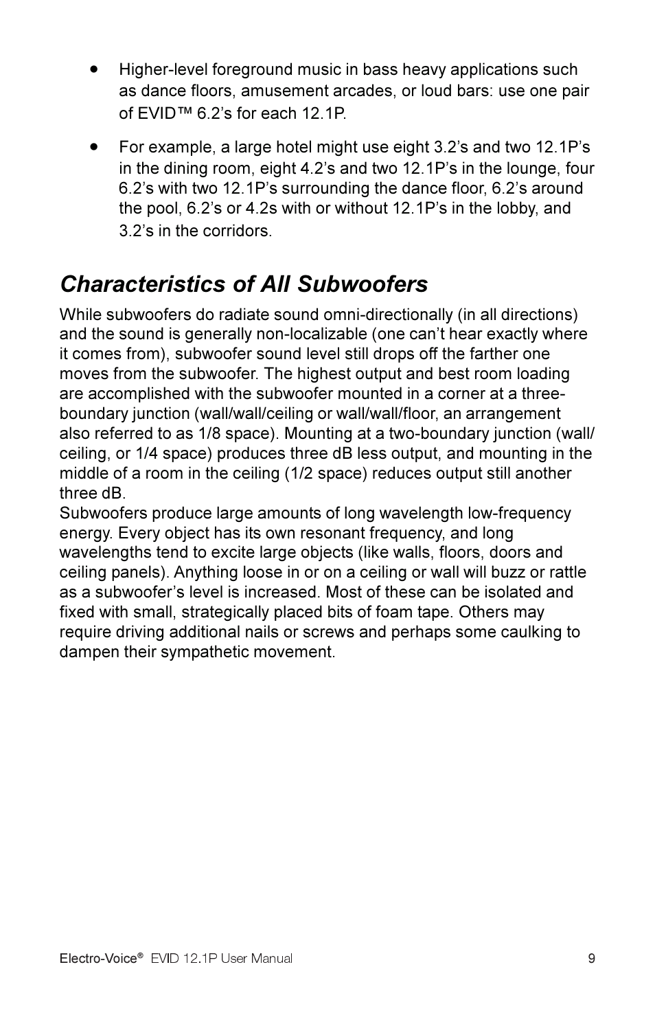 Characteristics of all subwoofers | Electro-Voice 2.1P User Manual | Page 11 / 16
