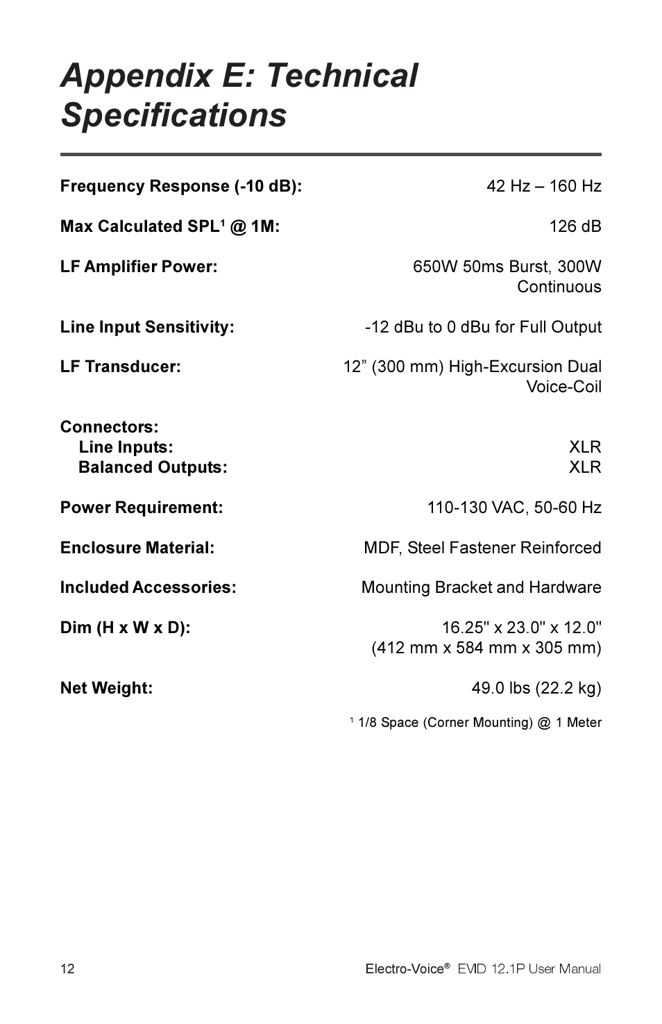 Appendix e: technical specifications | Electro-Voice 2.1P User Manual | Page 14 / 16