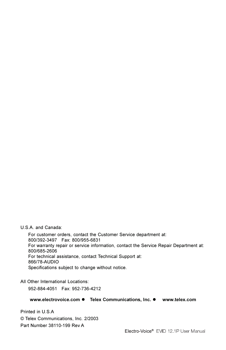 Electro-Voice 2.1P User Manual | Page 16 / 16