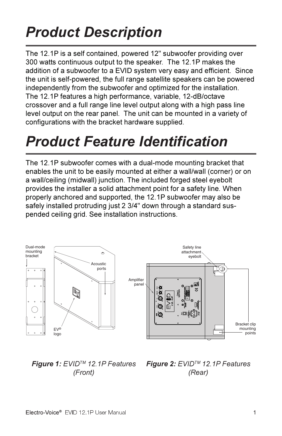 Product description, Product feature identification, Figure 2: evid | 1p features (rear), Figure 1: evid, 1p features (front) | Electro-Voice 2.1P User Manual | Page 3 / 16