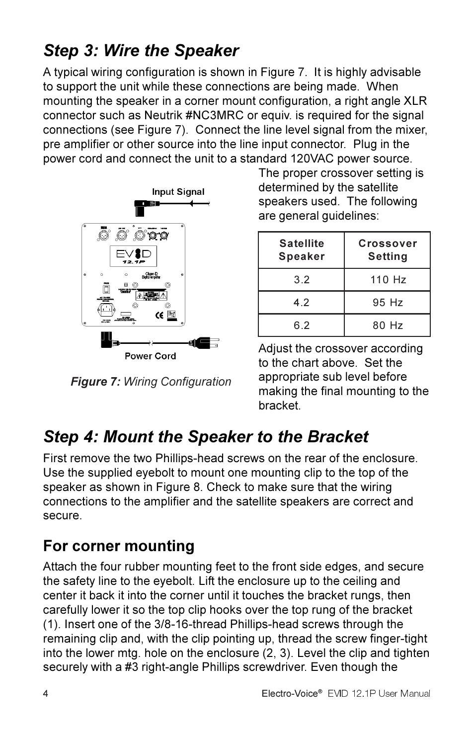 Step 3: wire the speaker, Step 4: mount the speaker to the bracket, For corner mounting | Electro-Voice 2.1P User Manual | Page 6 / 16