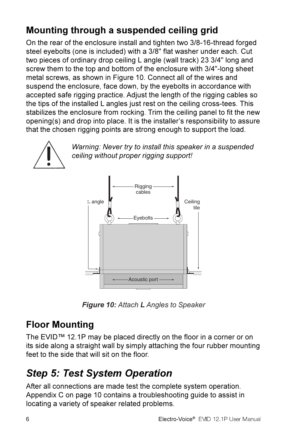 Step 5: test system operation, Mounting through a suspended ceiling grid, Floor mounting | Electro-Voice 2.1P User Manual | Page 8 / 16